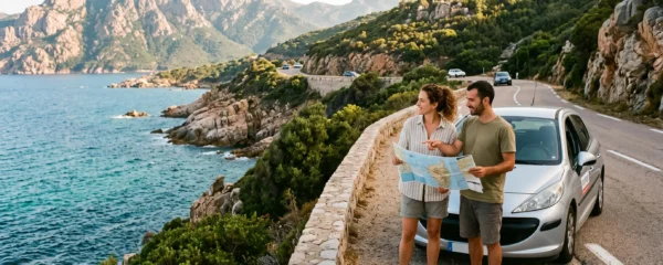 Un couple consulte une carte au bord d'une route côtière corse entre mer et montagnes.