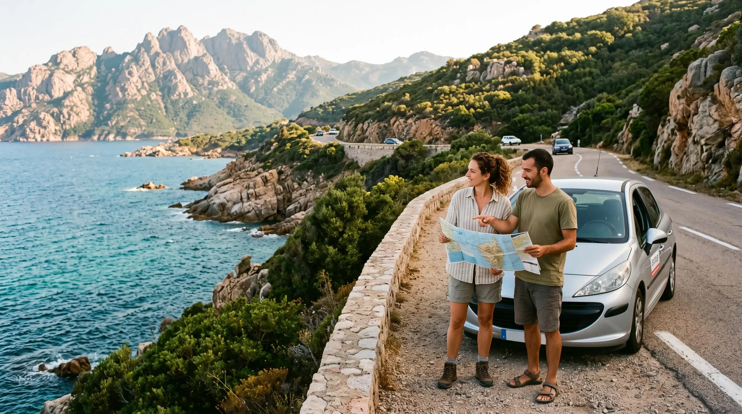 Un couple consulte une carte au bord d'une route côtière corse entre mer et montagnes.