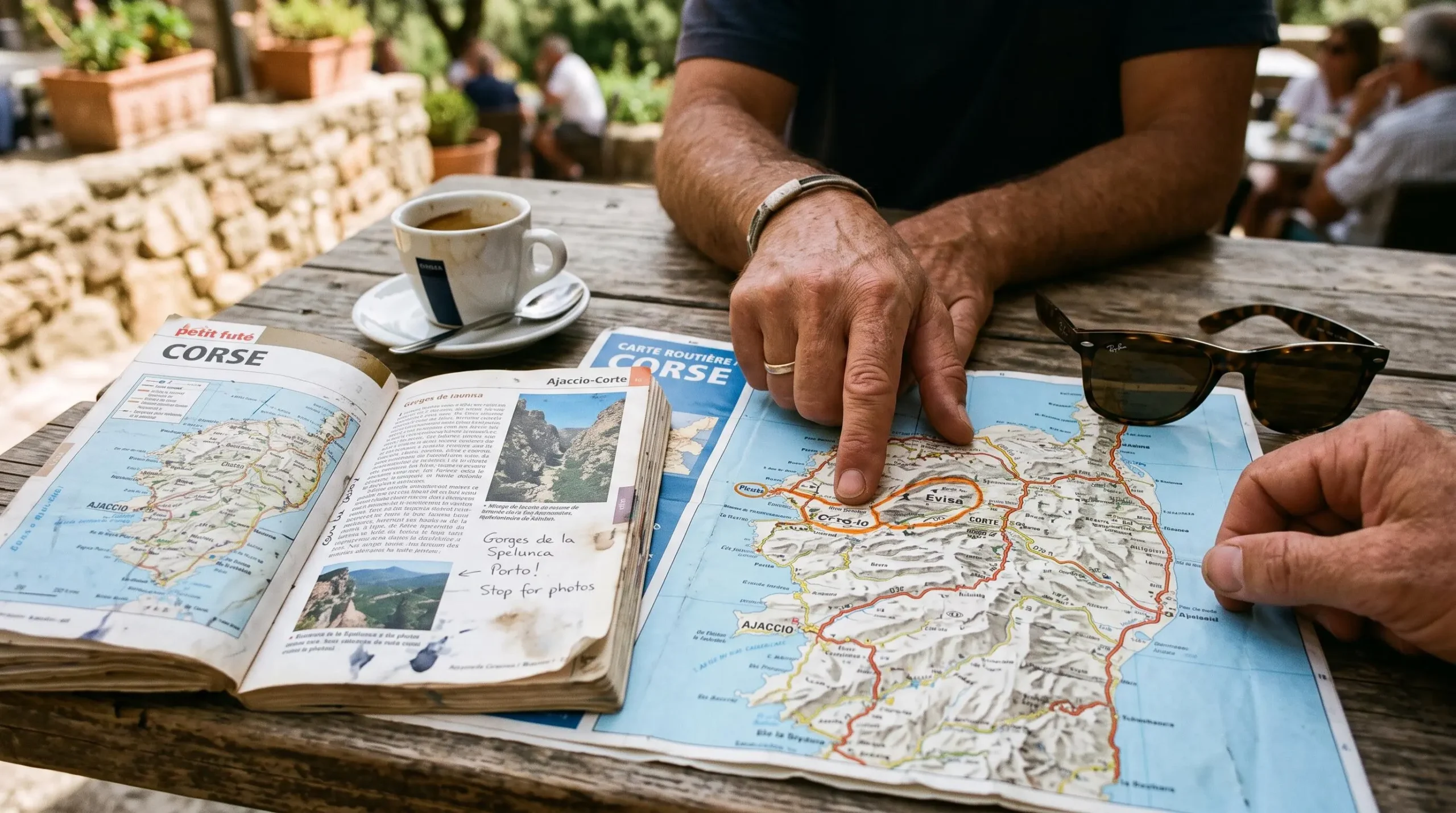 Des mains tracent un itinéraire sur une carte de la Corse posée sur une table de terrasse.