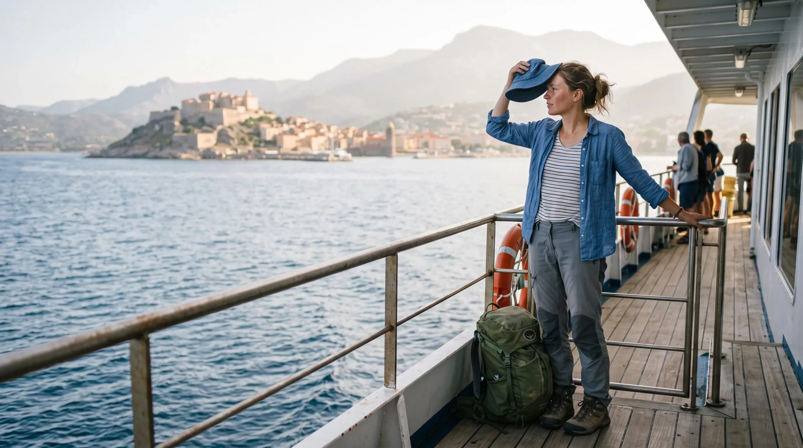 Une voyageuse observe la côte corse depuis le pont d'un ferry à l'approche du port.